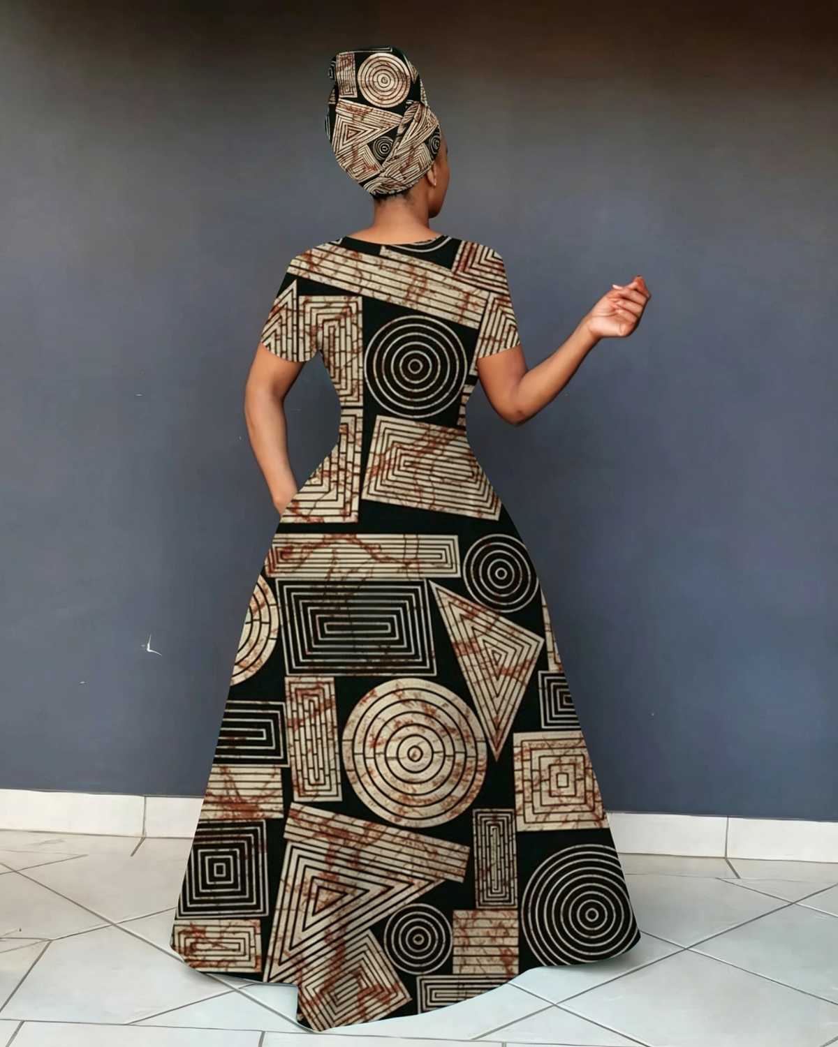 V Neck African Tribal Geometric Print Short Sleeve Maxi Dress