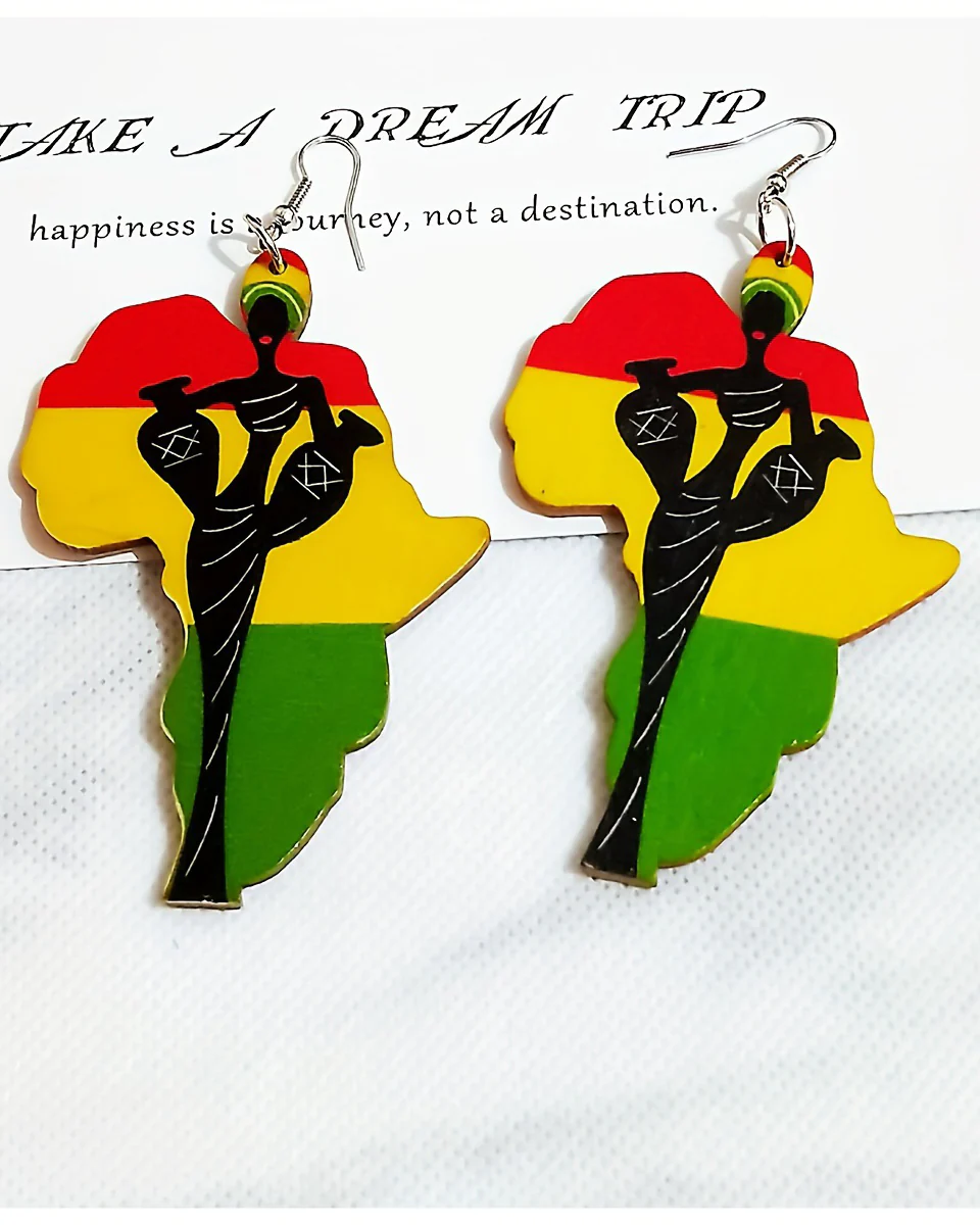 African Geometric Map Black History Month Color Wooden Earrings