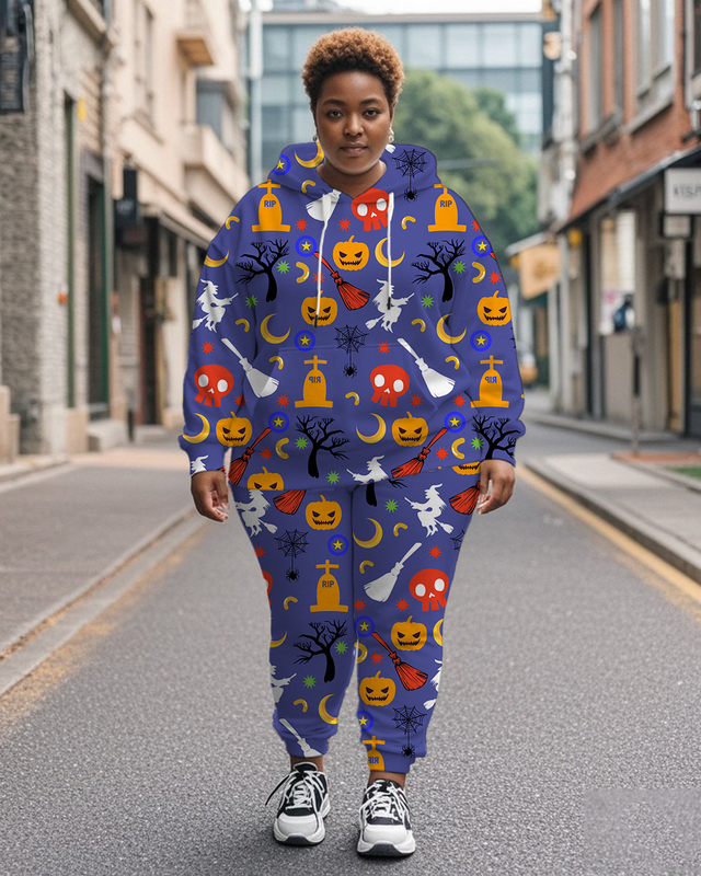 Women's Plus Size Halloween Graffiti Hoodie Set
