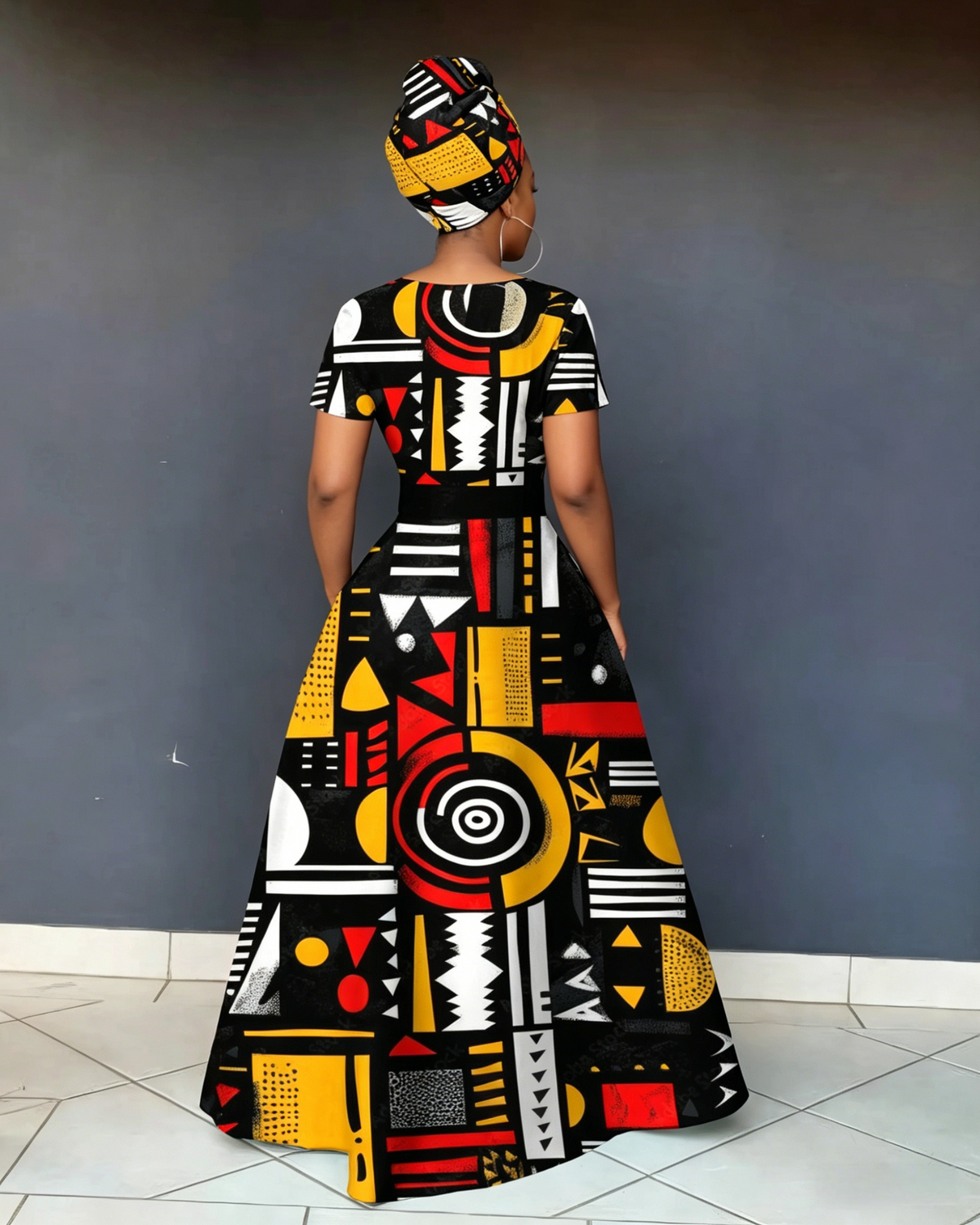 V Neck Vibrant African Tribal-inspired Geometric Short Sleeve Maxi Dress