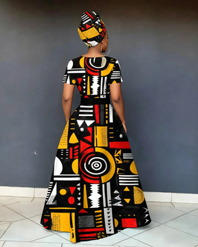 V Neck Vibrant African Tribal-inspired Geometric Short Sleeve Maxi Dress
