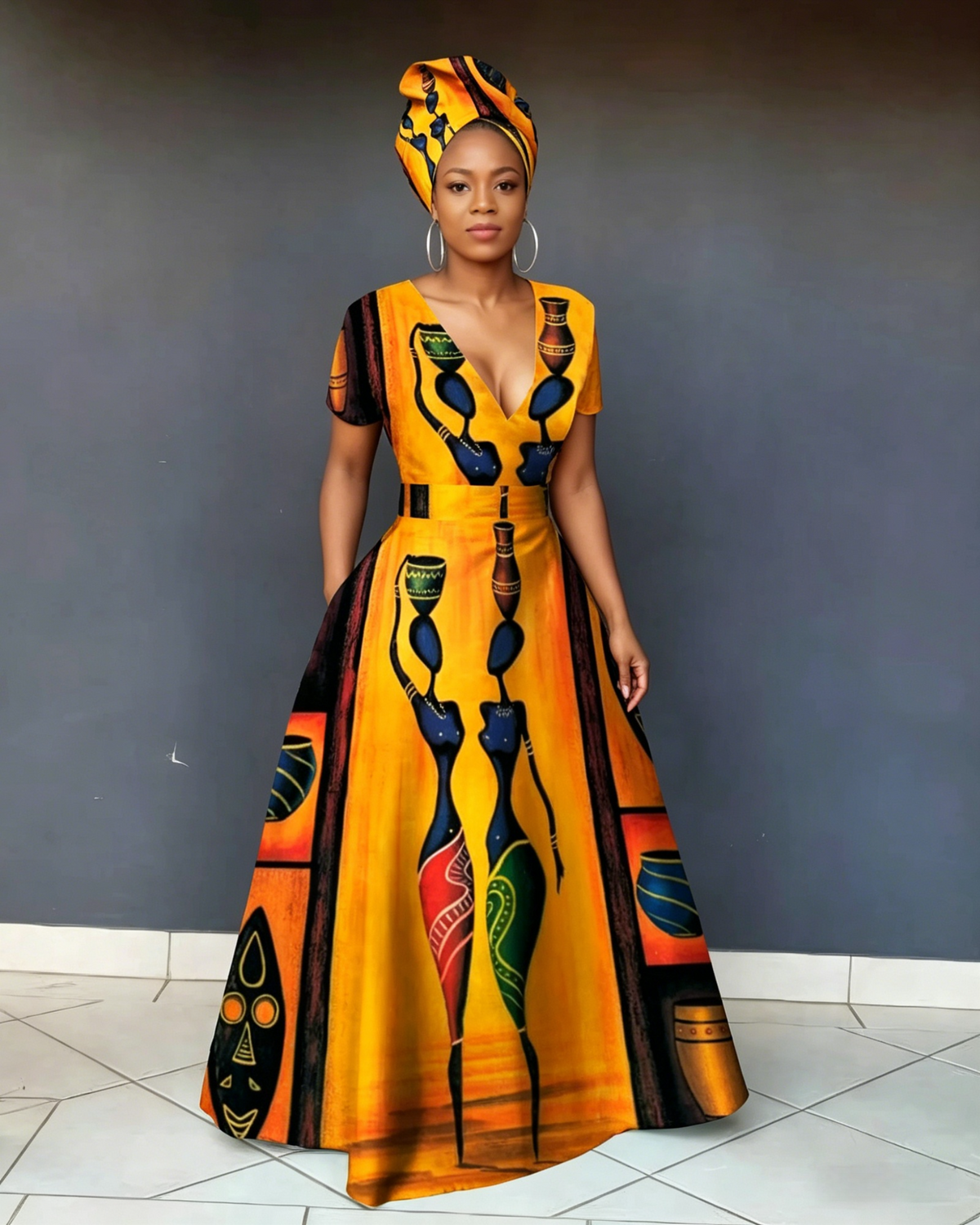 V Neck Totem Color Block Print Short Sleeve Maxi Dress
