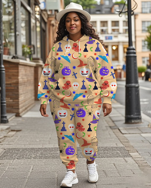 Women's Plus Size Halloween Graffiti Hoodie Set