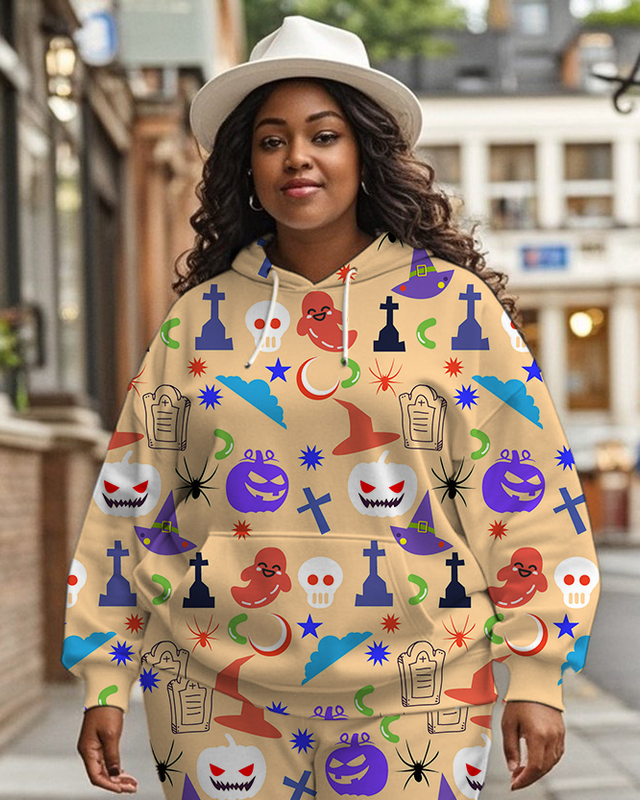 Women's Plus Size Halloween Graffiti Hoodie Set