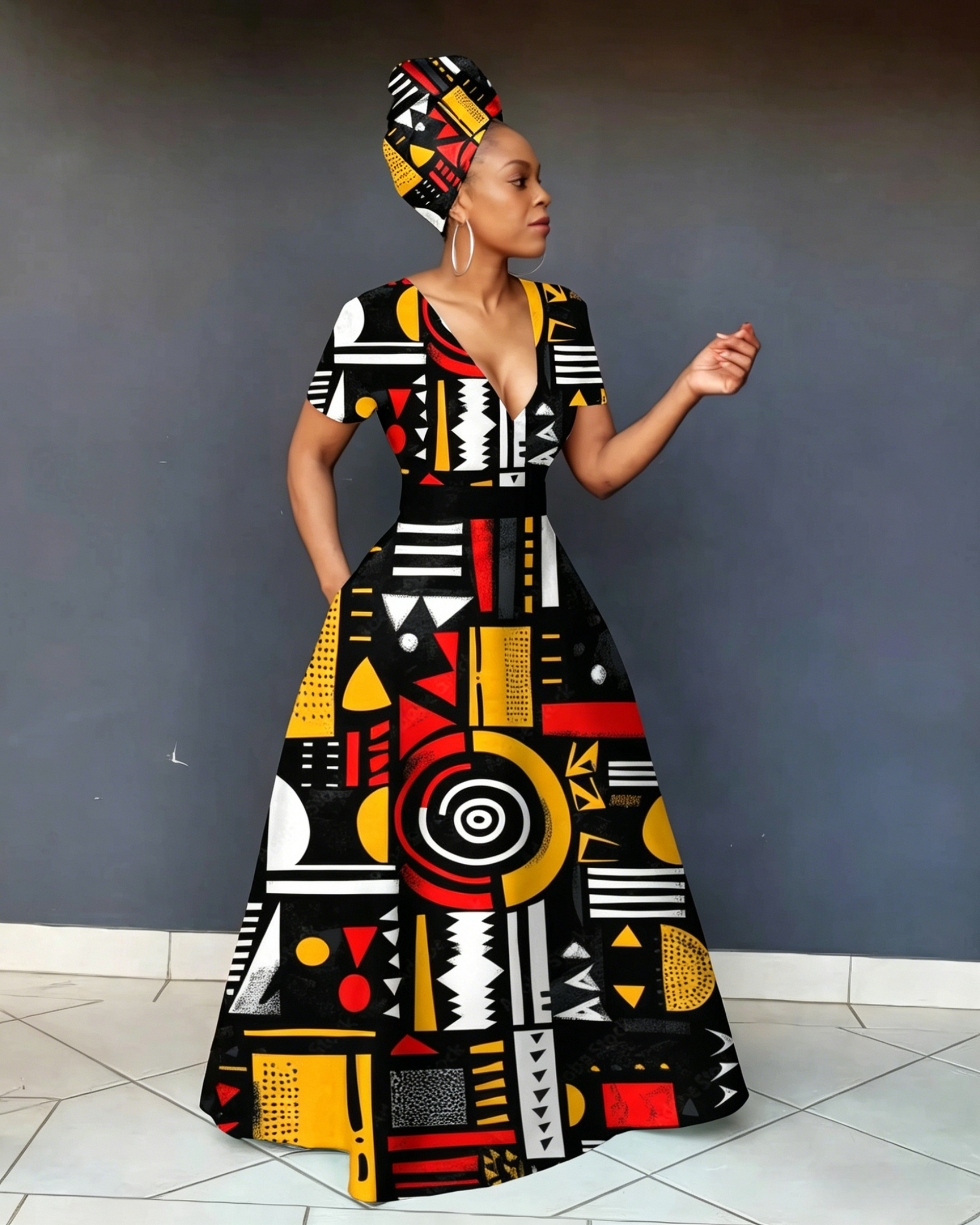 V Neck Vibrant African Tribal-inspired Geometric Short Sleeve Maxi Dress