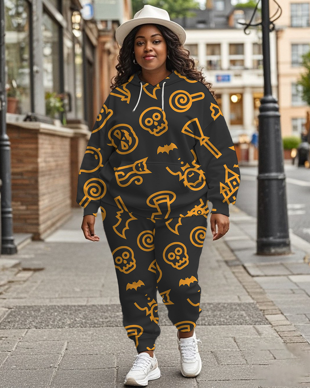 Women's Plus Size Halloween Graffiti Hoodie Set