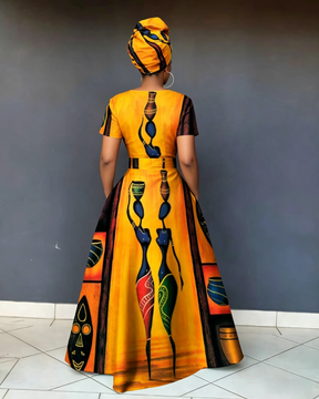 V Neck Totem Color Block Print Short Sleeve Maxi Dress