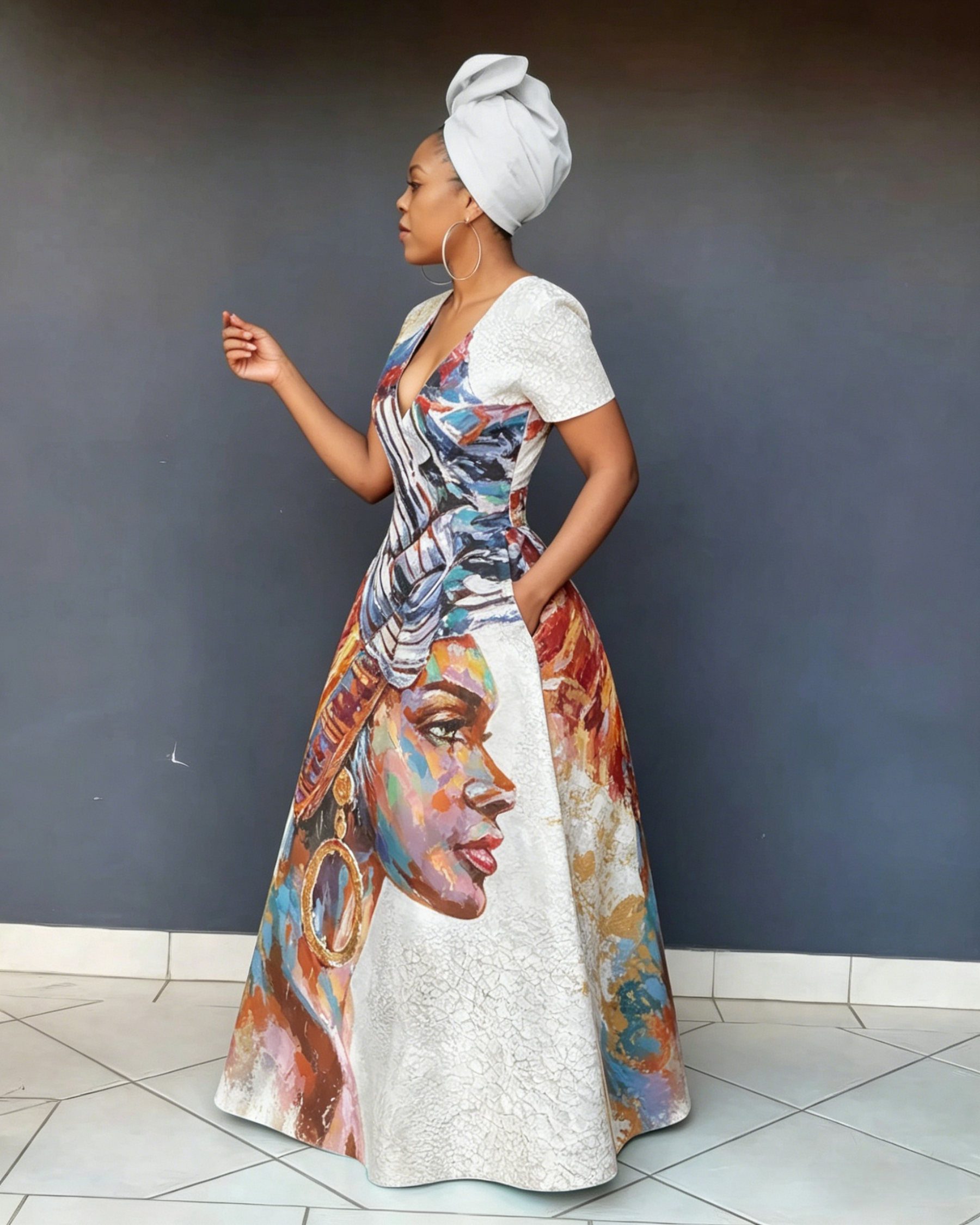 V Neck African Ladies Art Short Sleeve Maxi Dress
