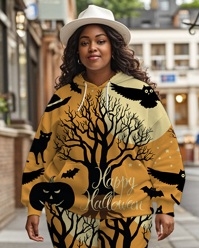 Women's Plus Size Halloween Graffiti Hoodie Set
