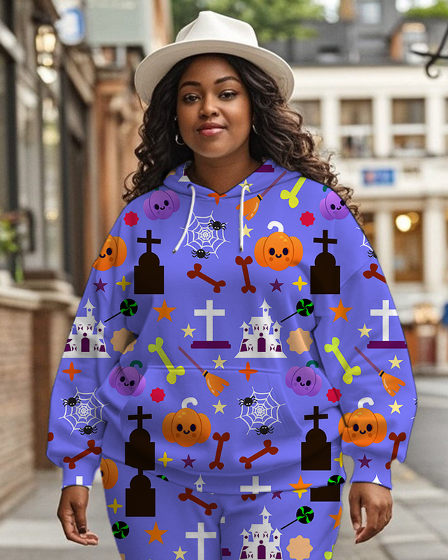 Women's Plus Size Halloween Graffiti Hoodie Set