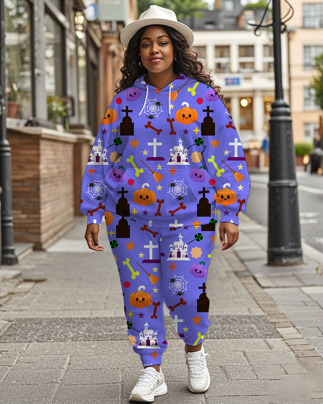 Women's Plus Size Halloween Graffiti Hoodie Set