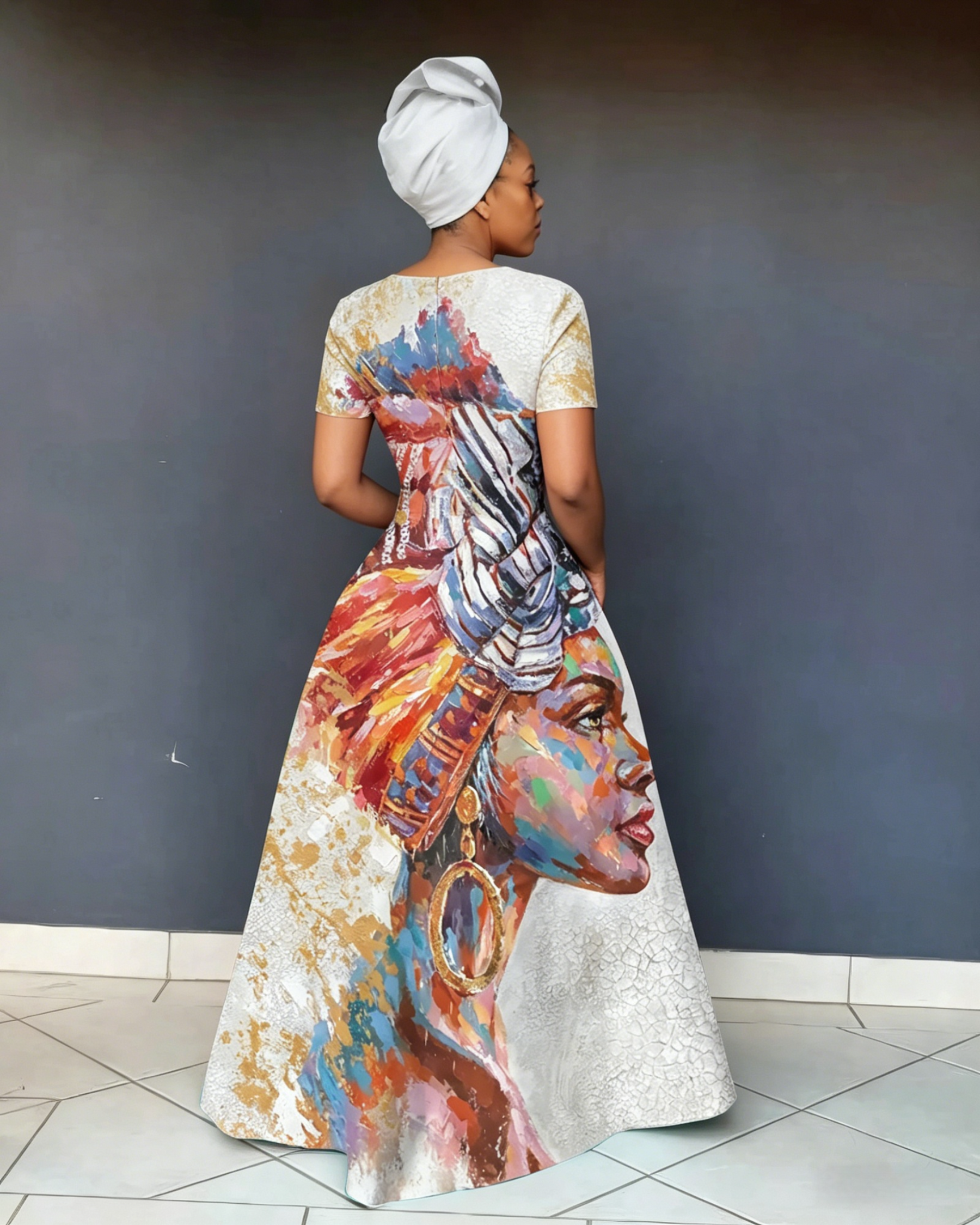 V Neck African Ladies Art Short Sleeve Maxi Dress