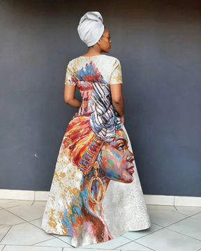 V Neck African Ladies Art Short Sleeve Maxi Dress