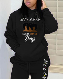 Hooded Black Letter Contrasting Color Head Print Ladies Sweater Set