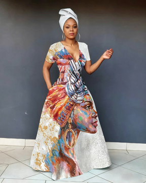 V Neck African Ladies Art Short Sleeve Maxi Dress
