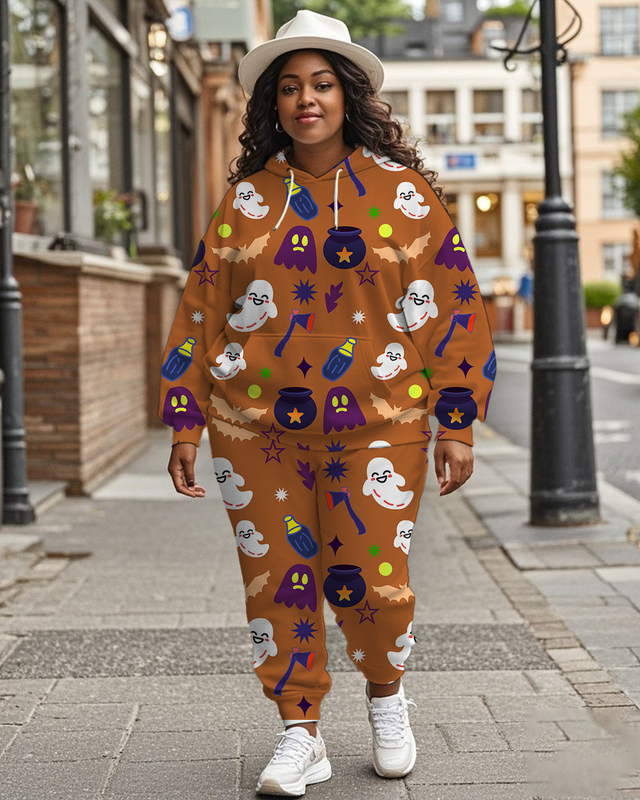 Women's Plus Size Halloween Graffiti Hoodie Set