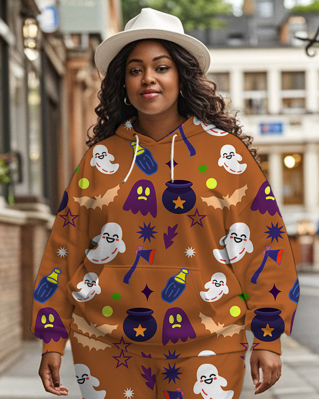 Women's Plus Size Halloween Graffiti Hoodie Set