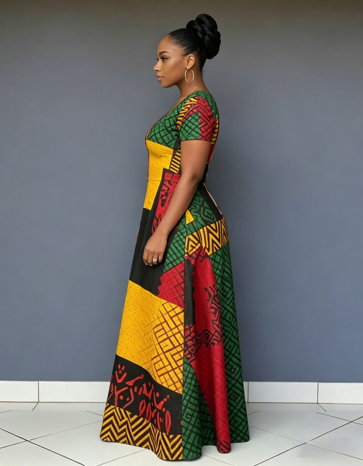 V Neck Reggae Color Blocking African Print Short Sleeve Pocket Maxi Dress