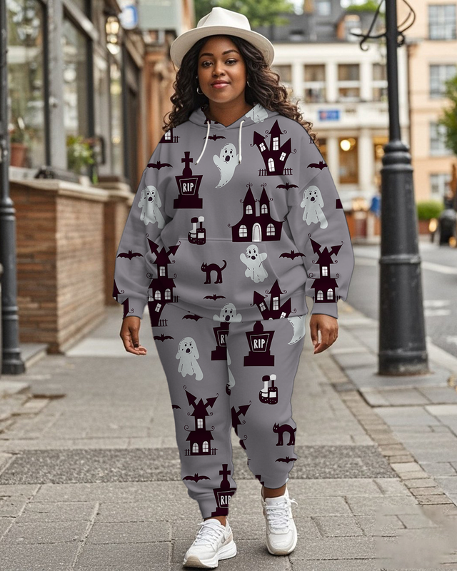 Women's Plus Size Halloween Graffiti Hoodie Set