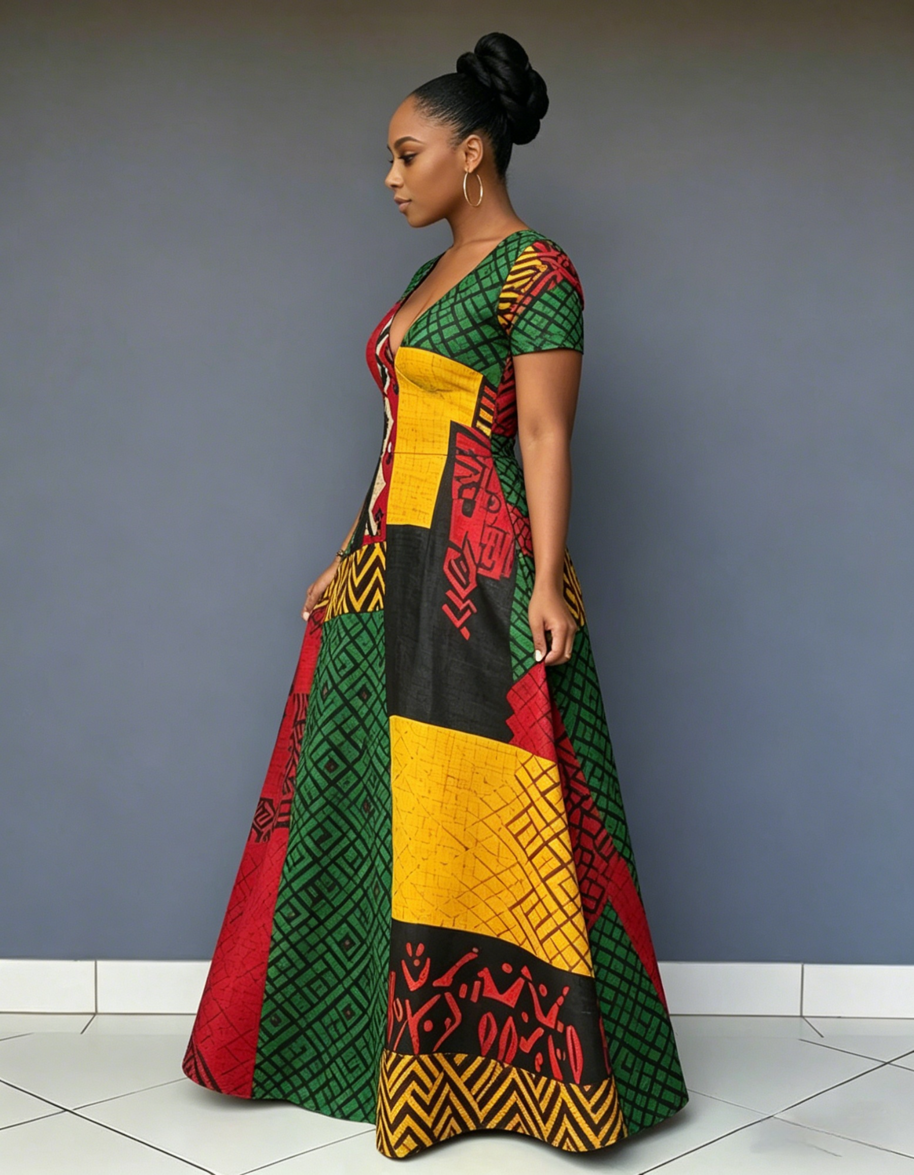 V Neck Reggae Color Blocking African Print Short Sleeve Pocket Maxi Dress