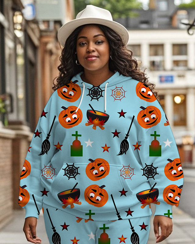 Women's Plus Size Halloween Graffiti Hoodie Set