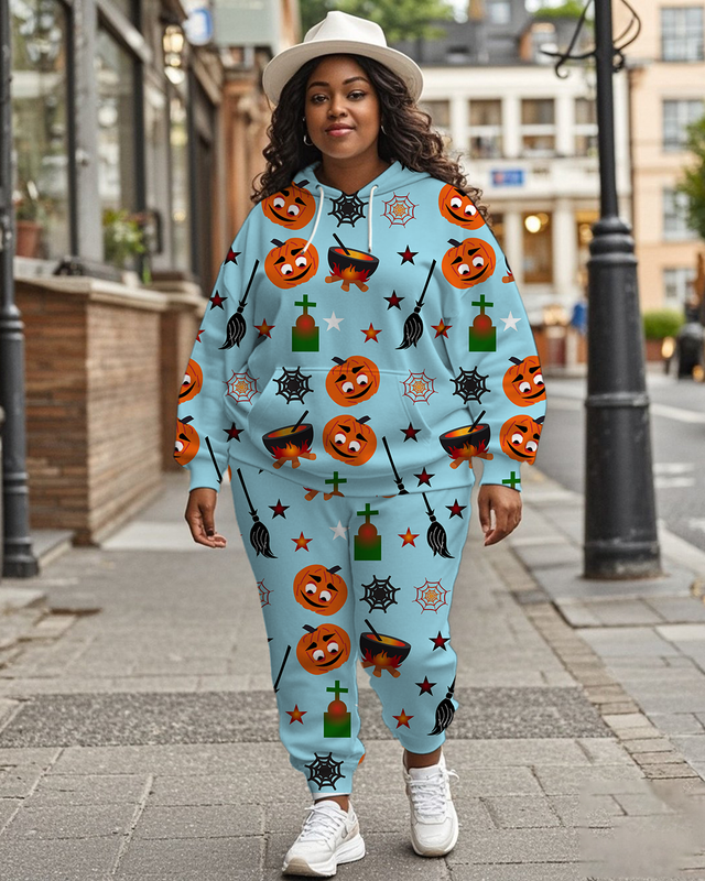 Women's Plus Size Halloween Graffiti Hoodie Set