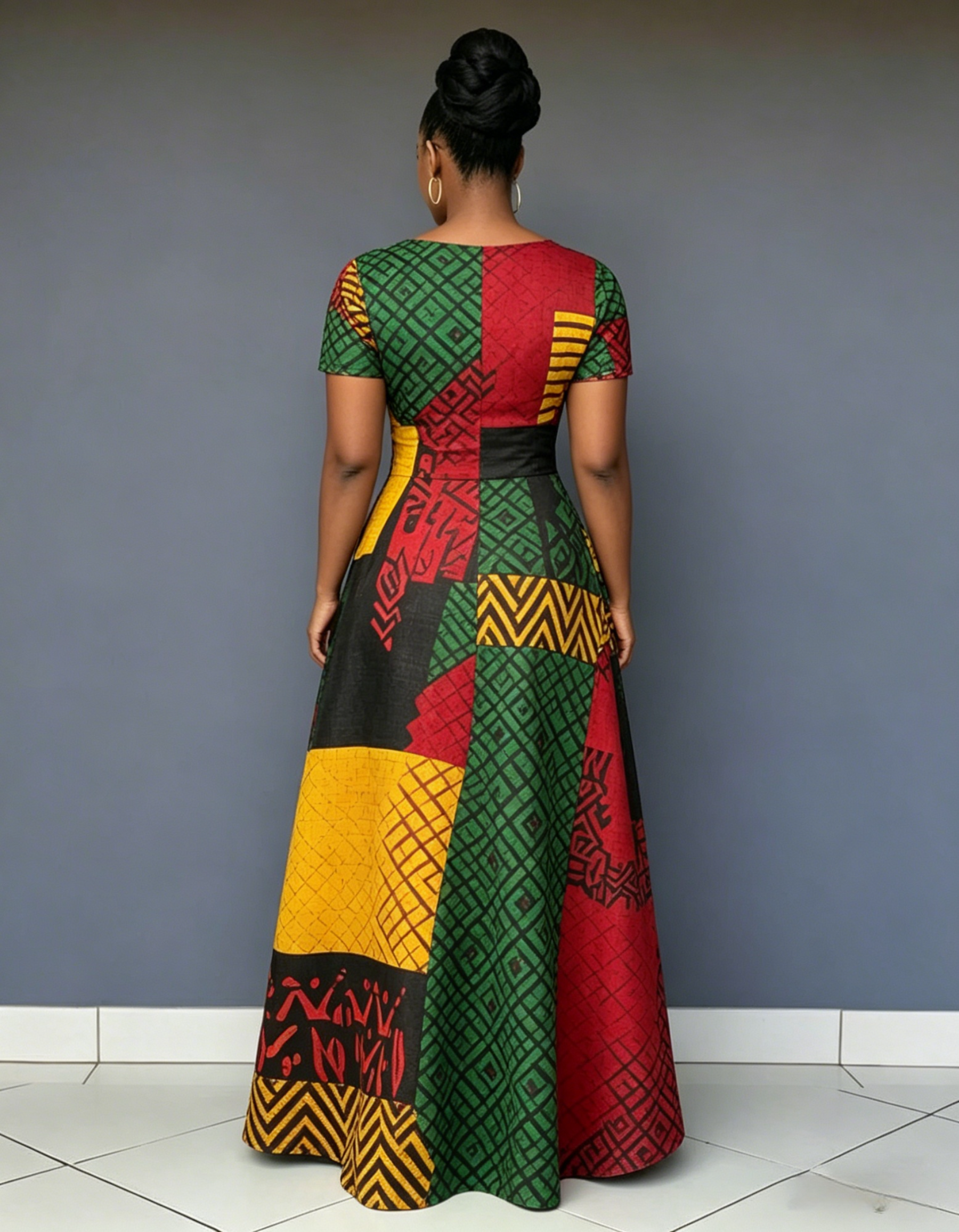 V Neck Reggae Color Blocking African Print Short Sleeve Pocket Maxi Dress
