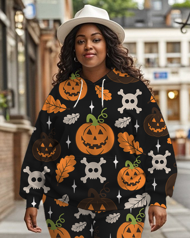Women's Plus Size Halloween Graffiti Hoodie Set