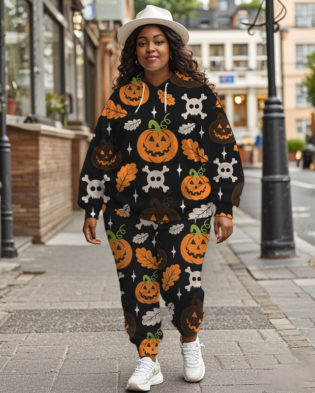 Women's Plus Size Halloween Graffiti Hoodie Set