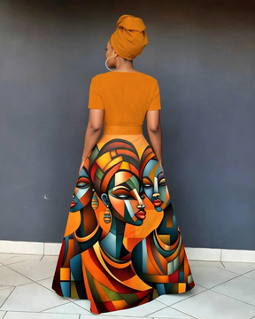 V Neck Striped Africa Map Print Short Sleeve Maxi Dress