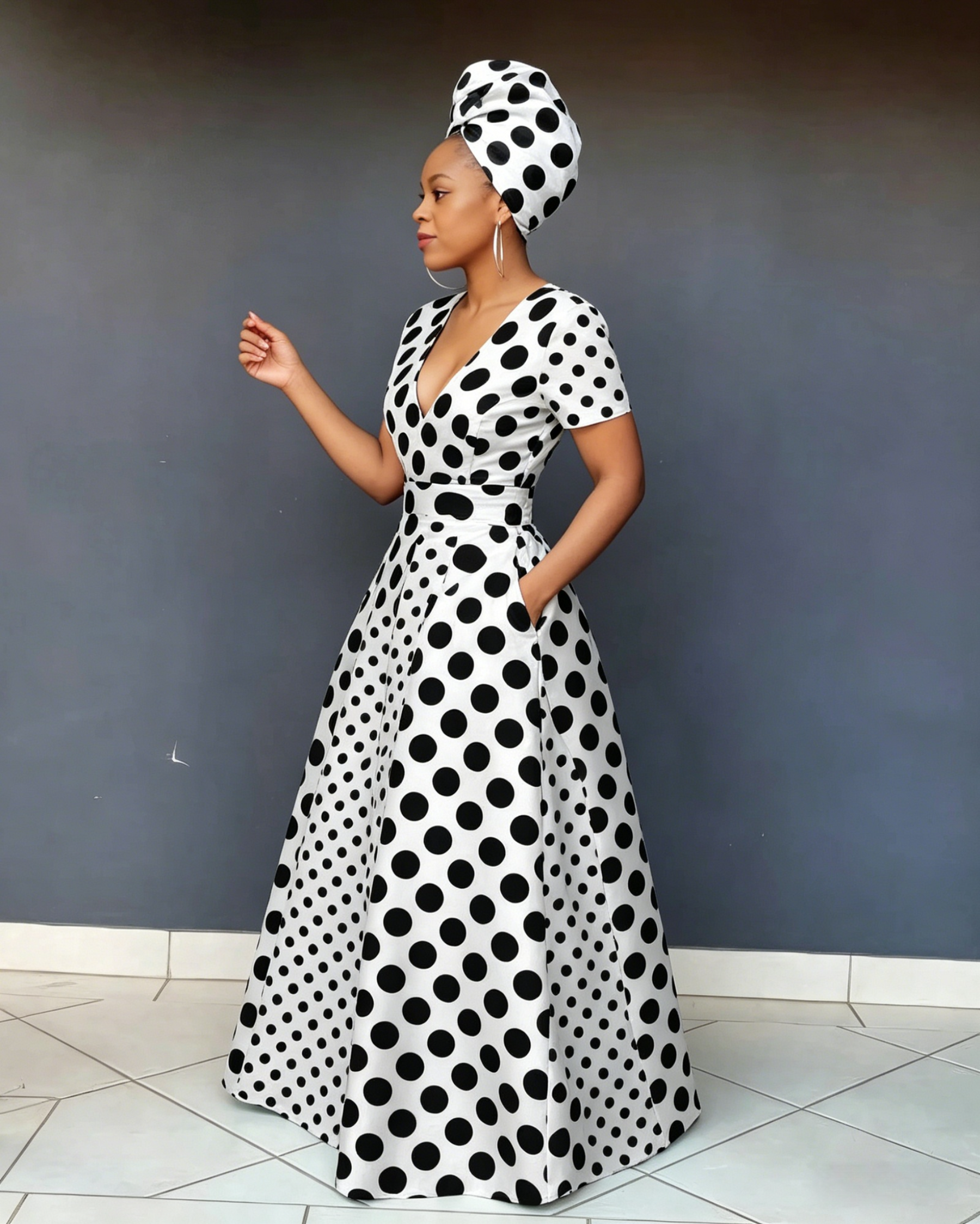 V Neck Polka Dot Stitching Casual Short Sleeve Maxi Dress