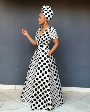 V Neck Polka Dot Stitching Casual Short Sleeve Maxi Dress