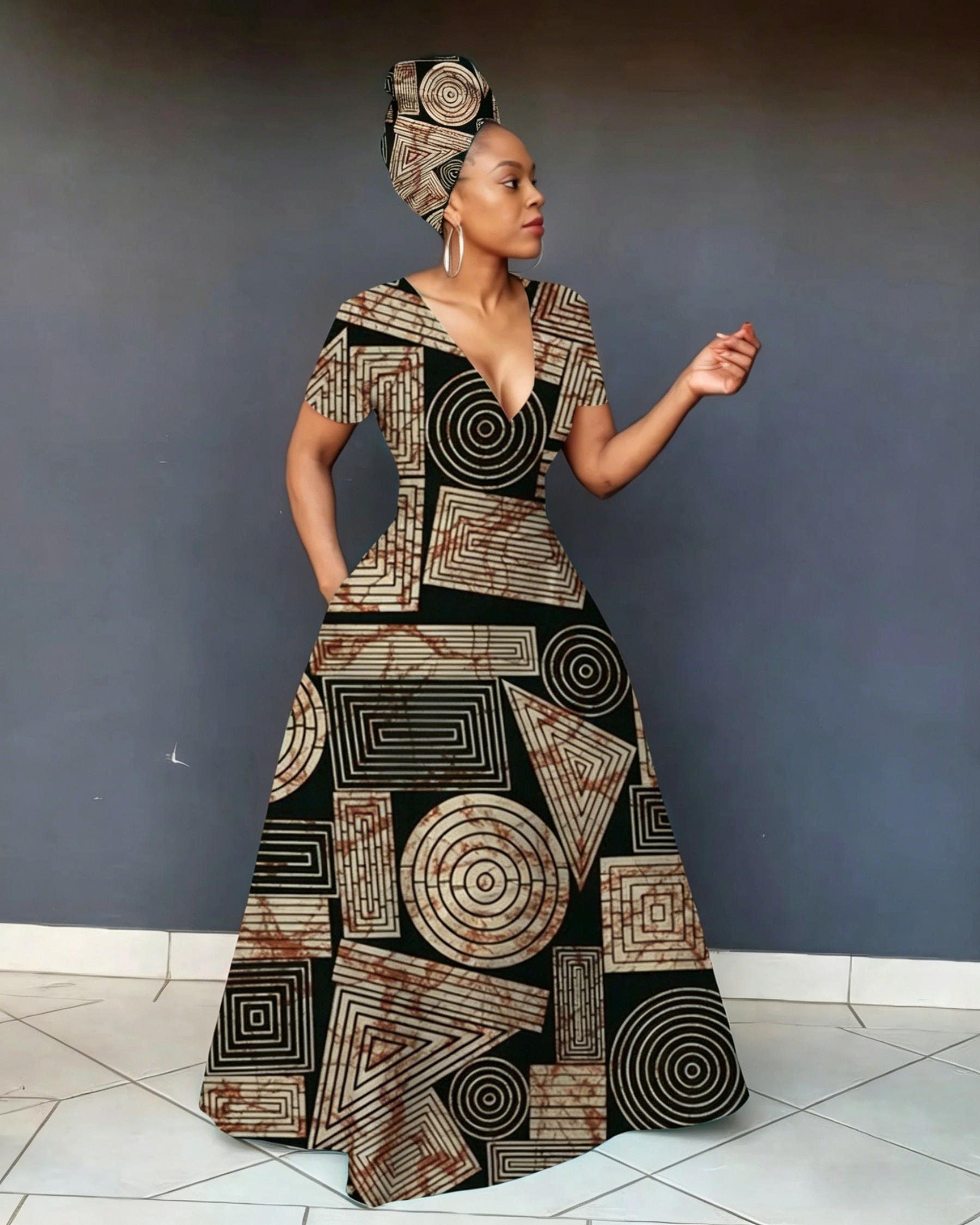 V Neck African Tribal Geometric Print Short Sleeve Maxi Dress
