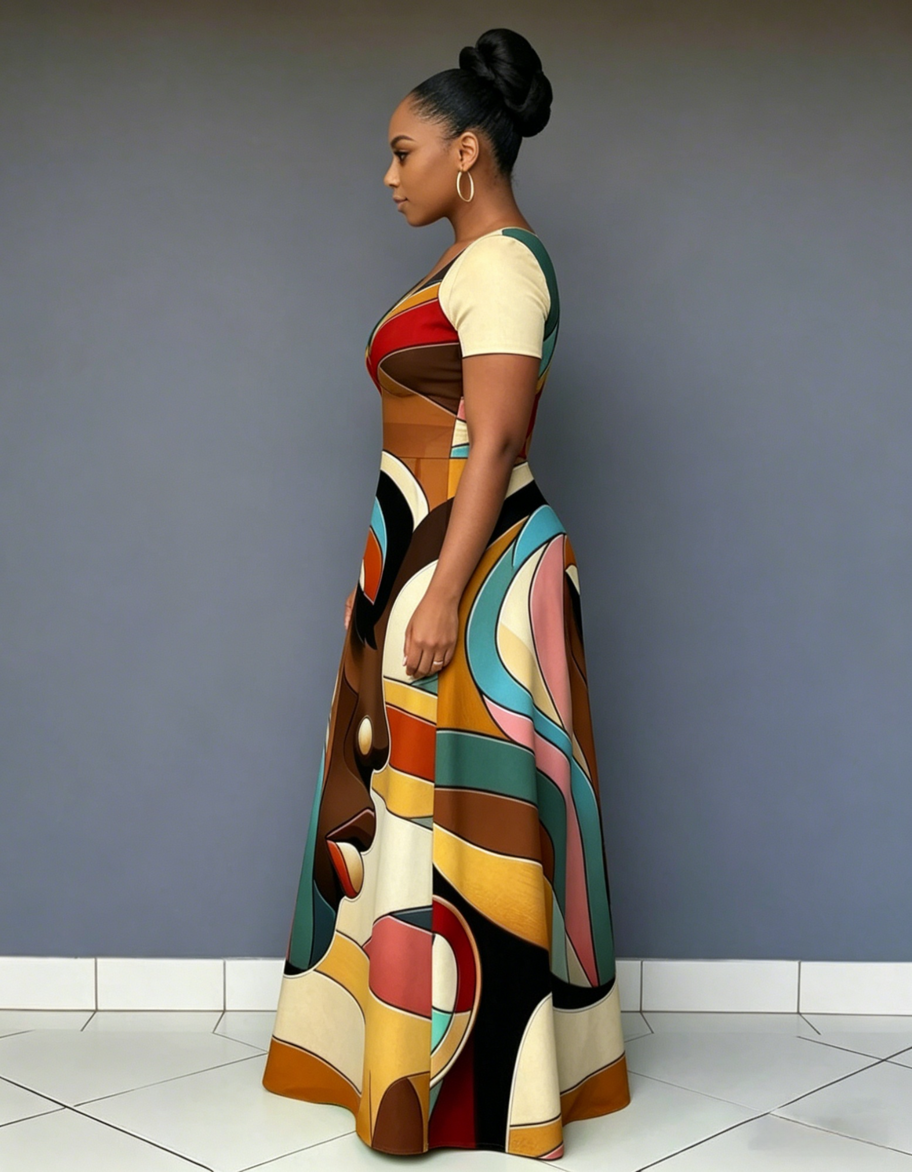 V Neck Color Line Face Art Short Sleeve Maxi Dress