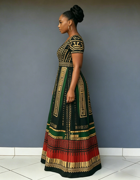 V Neck Gold Geometric Stripes Color Blocking Short Sleeve Pocket Maxi Dress