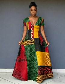 V Neck Reggae Color Blocking African Print Short Sleeve Pocket Maxi Dress