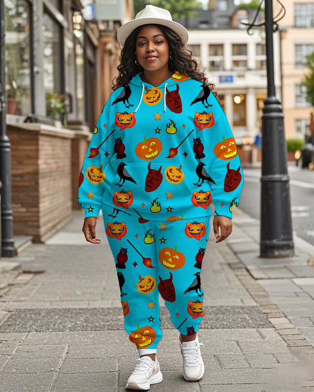 Women's Plus Size Halloween Graffiti Hoodie Set