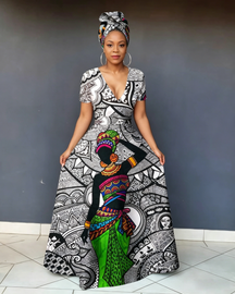 V Neck Vintage Women Stripe Art Short Sleeve Maxi Dress