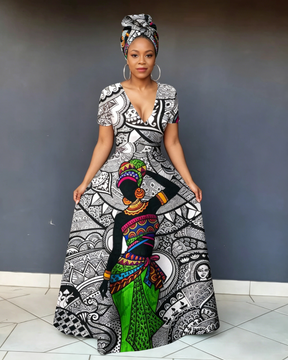 V Neck Vintage Women Stripe Art Short Sleeve Maxi Dress