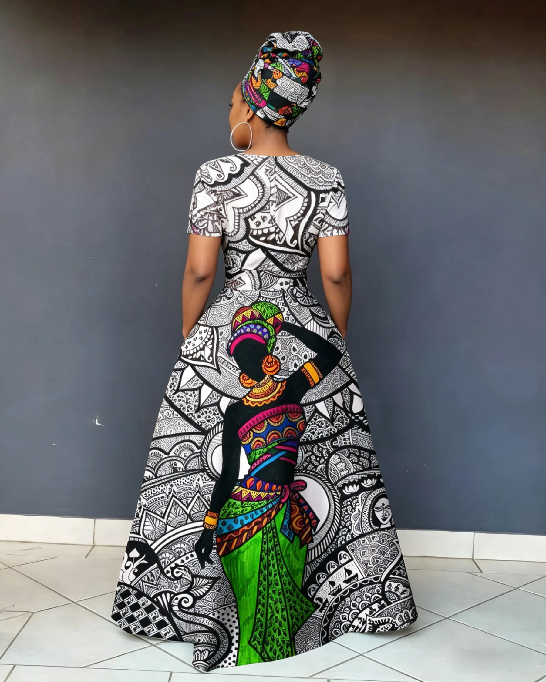 V Neck Vintage Women Stripe Art Short Sleeve Maxi Dress