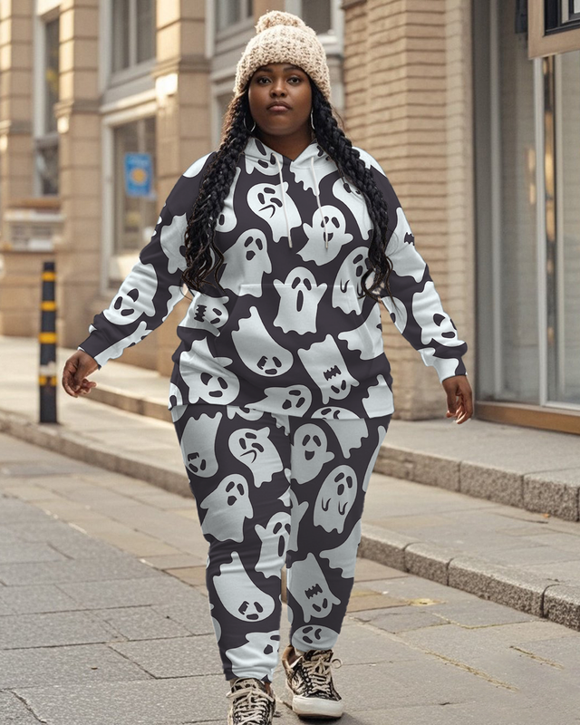 Women's Plus Size Halloween Graffiti Hoodie Set