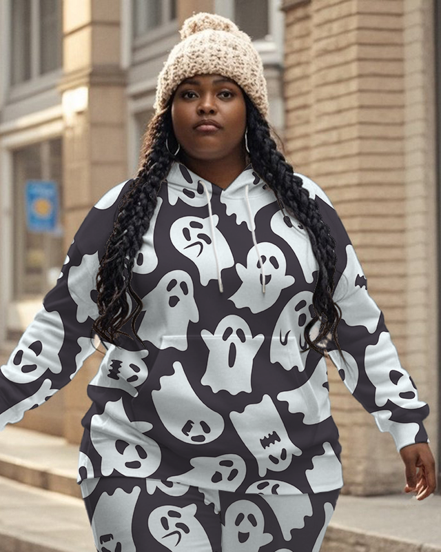 Women's Plus Size Halloween Graffiti Hoodie Set