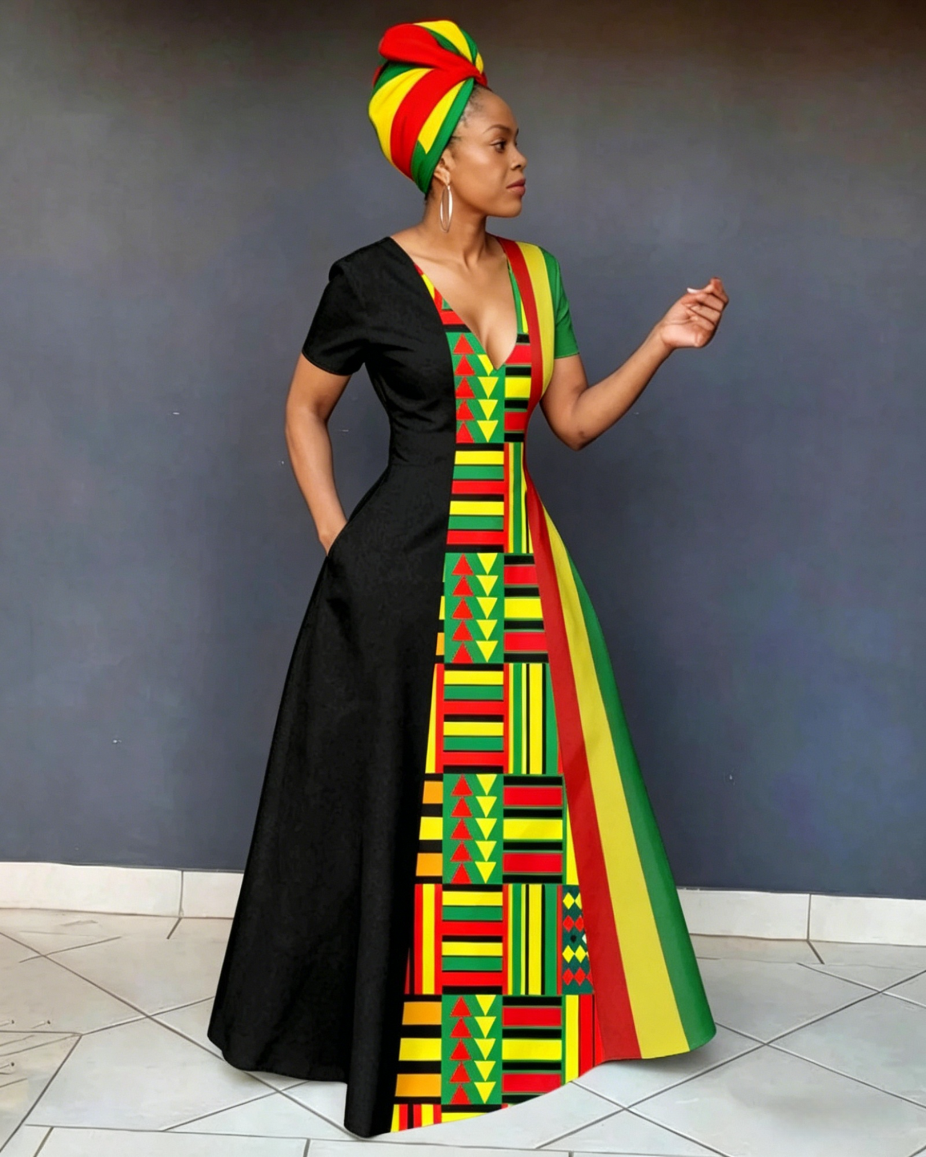 V Neck Reggae Print Short Sleeve Pocket Maxi Dress
