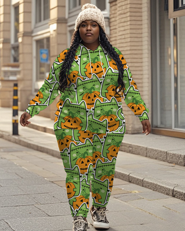 Women's Plus Size Halloween Graffiti Hoodie Set