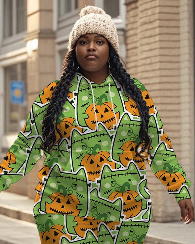 Women's Plus Size Halloween Graffiti Hoodie Set
