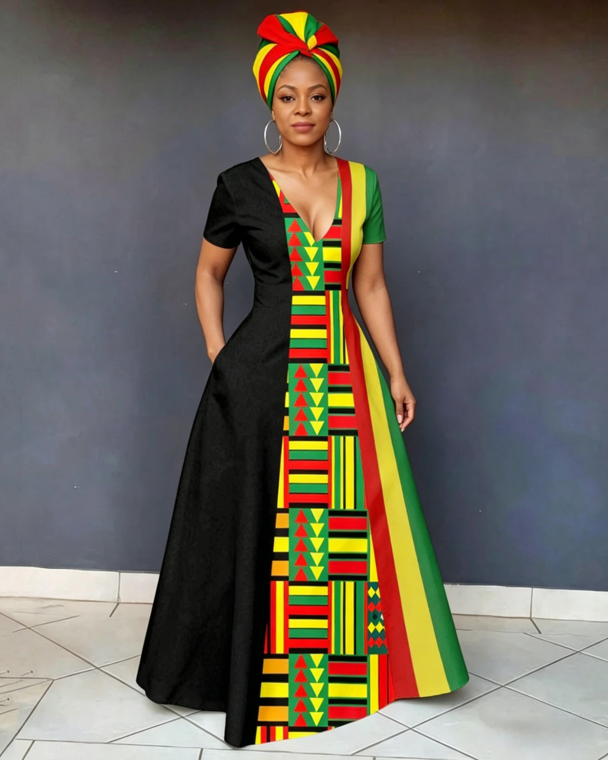 V Neck Reggae Print Short Sleeve Pocket Maxi Dress