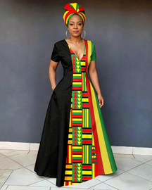 V Neck Reggae Print Short Sleeve Pocket Maxi Dress