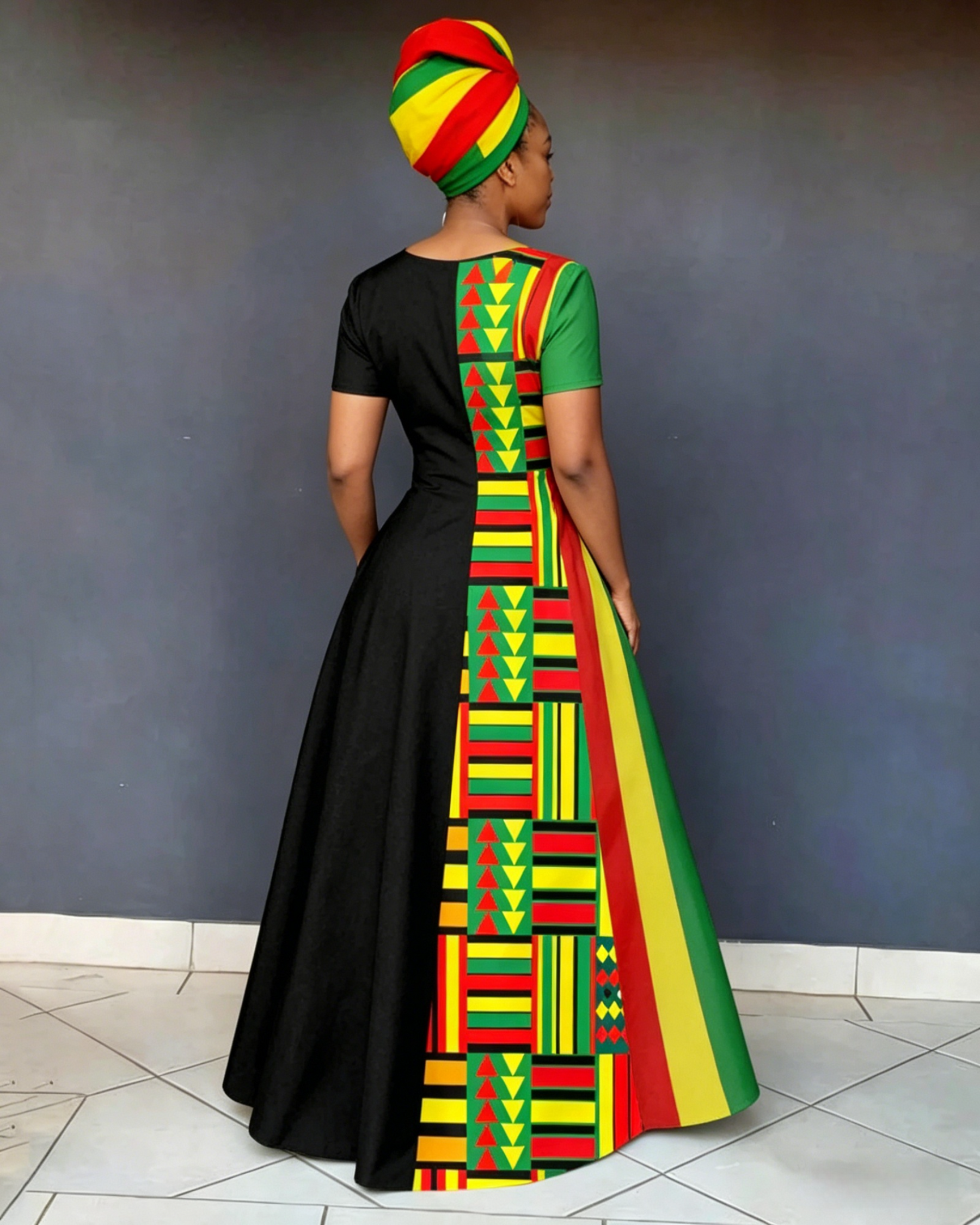 V Neck Reggae Print Short Sleeve Pocket Maxi Dress