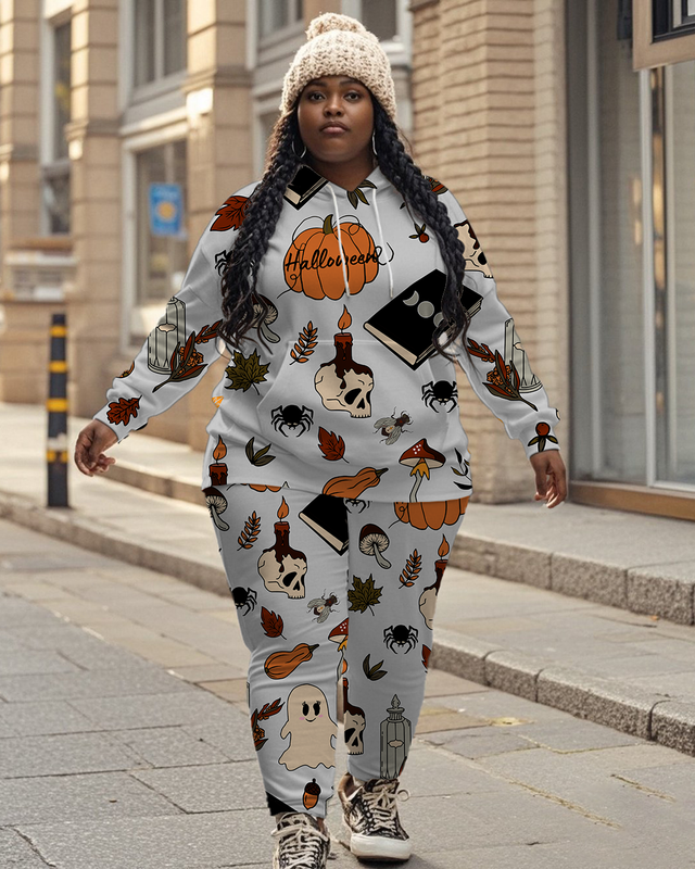 Women's Plus Size Halloween Graffiti Hoodie Set