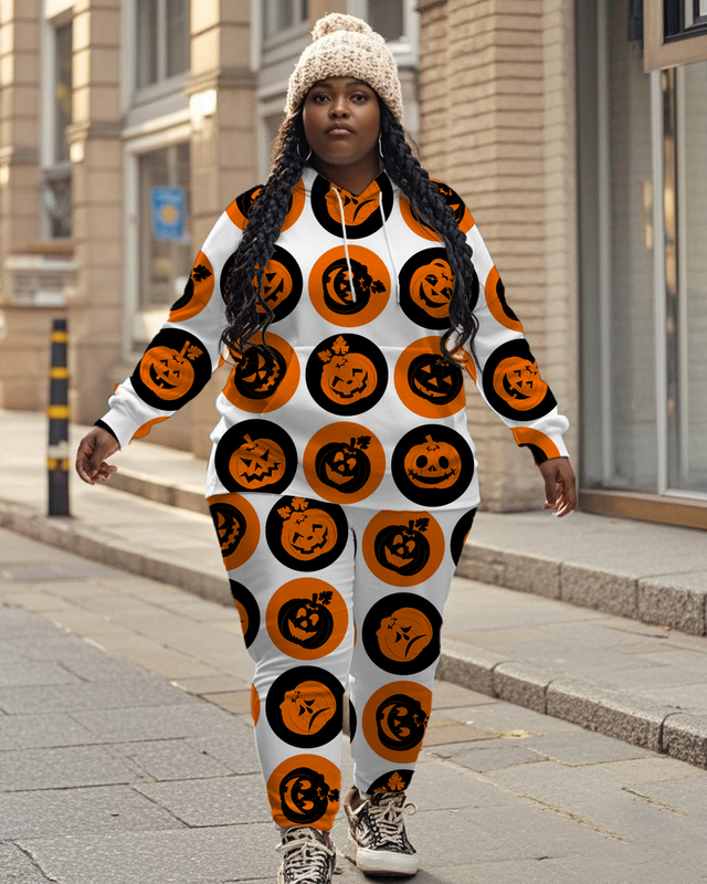 Women's Plus Size Halloween Graffiti Hoodie Set